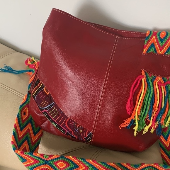 Leather bohemian red crochet red crossbody bag festive unique multicolored - Picture 16 of 16